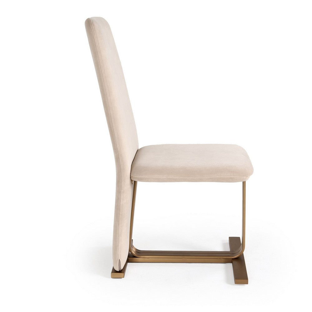 Benjara Cid Jim 19 Inch Dining Chair Set of 2, Beige Velvet Fabric, Brushed Brass