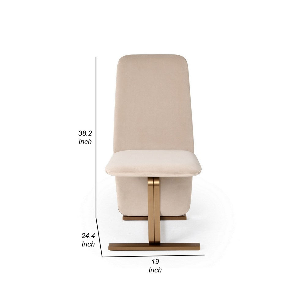 Benjara Cid Jim 19 Inch Dining Chair Set of 2, Beige Velvet Fabric, Brushed Brass