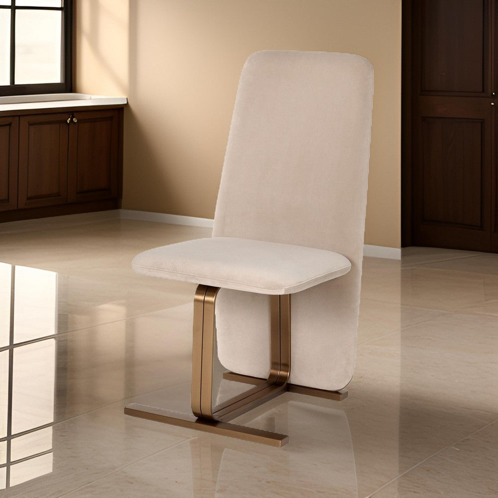 Benjara Cid Jim 19 Inch Dining Chair Set of 2, Beige Velvet Fabric, Brushed Brass