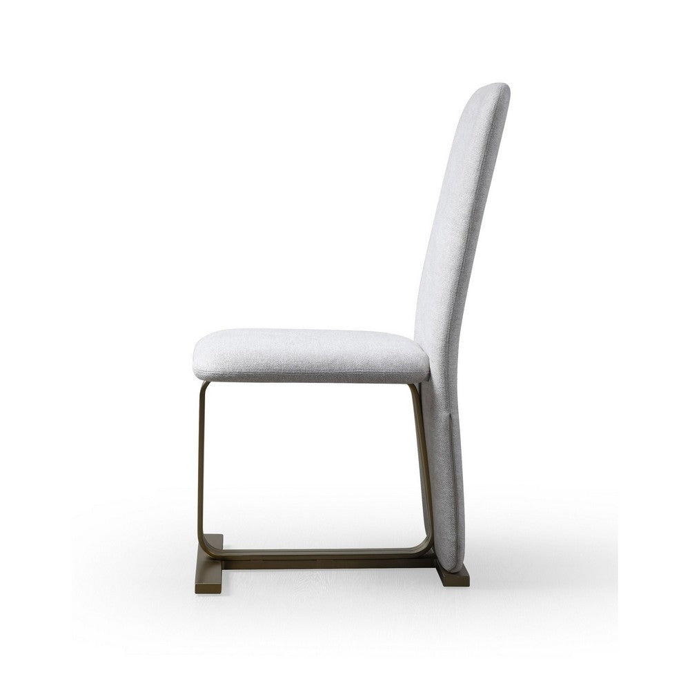 Benjara Cid Jim 19 Inch Dining Chair Set of 2, Gray Linen, Brushed Brass Steel Base