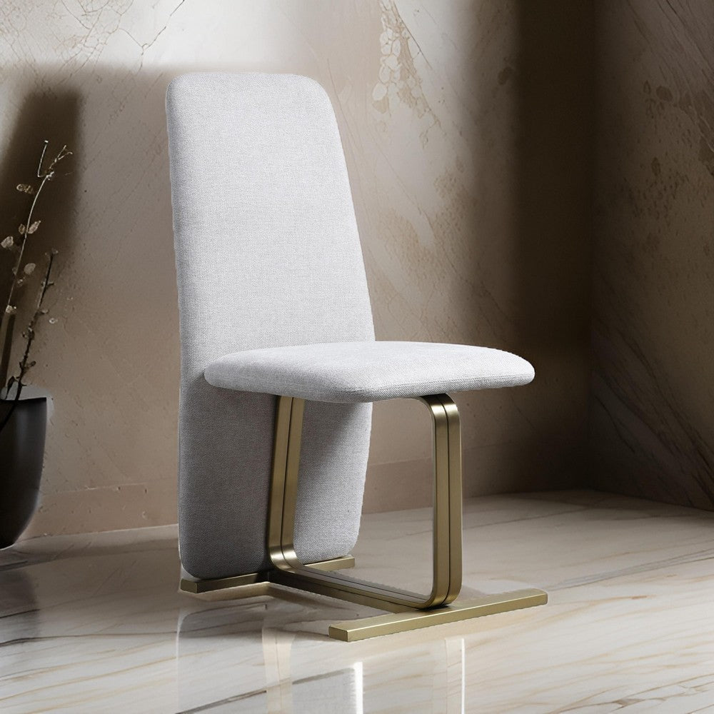 Benjara Cid Jim 19 Inch Dining Chair Set of 2, Gray Linen, Brushed Brass Steel Base