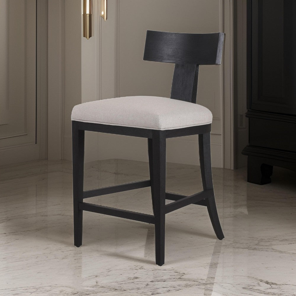 Benjara Cid Sten 27 Inch Counter Height Chair, T Shape Back, Beige Linen, Black