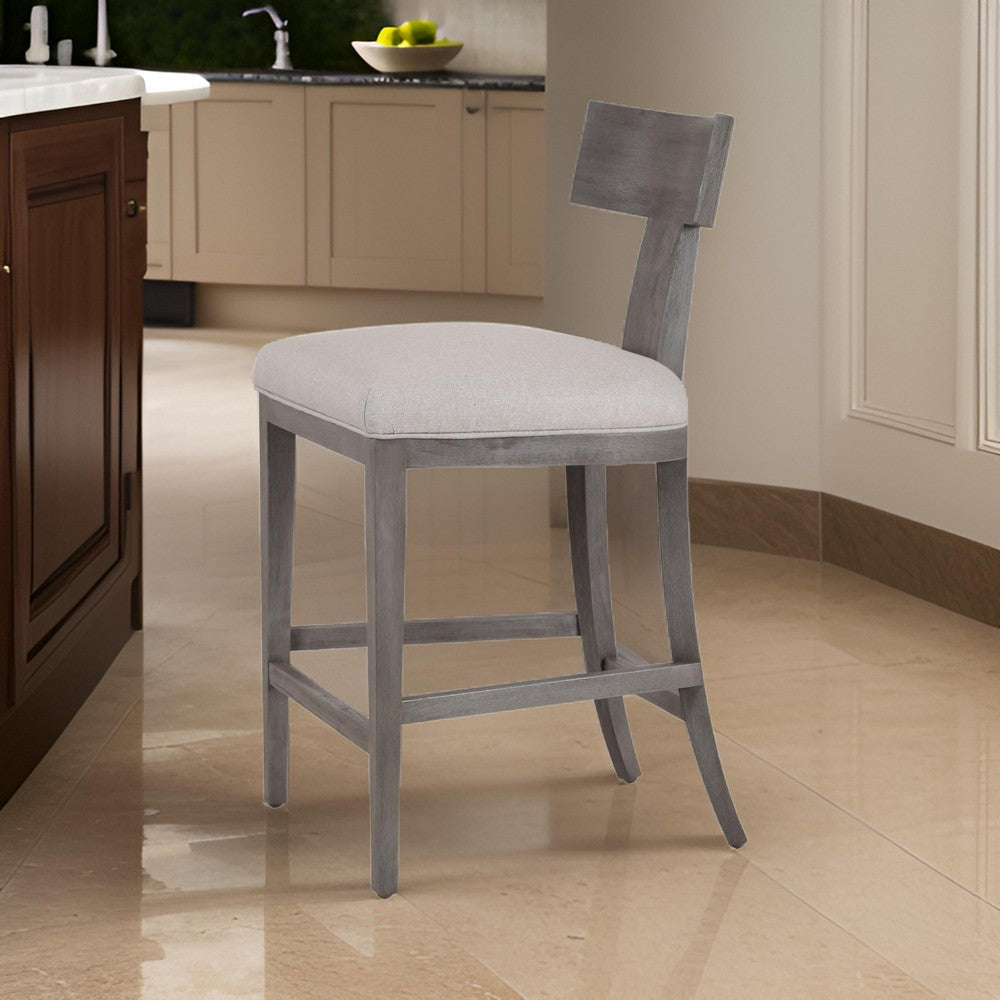 Benjara Cid Sten 27 Inch Counter Height Chair, T Shape Back, Soft Beige Linen, Gray