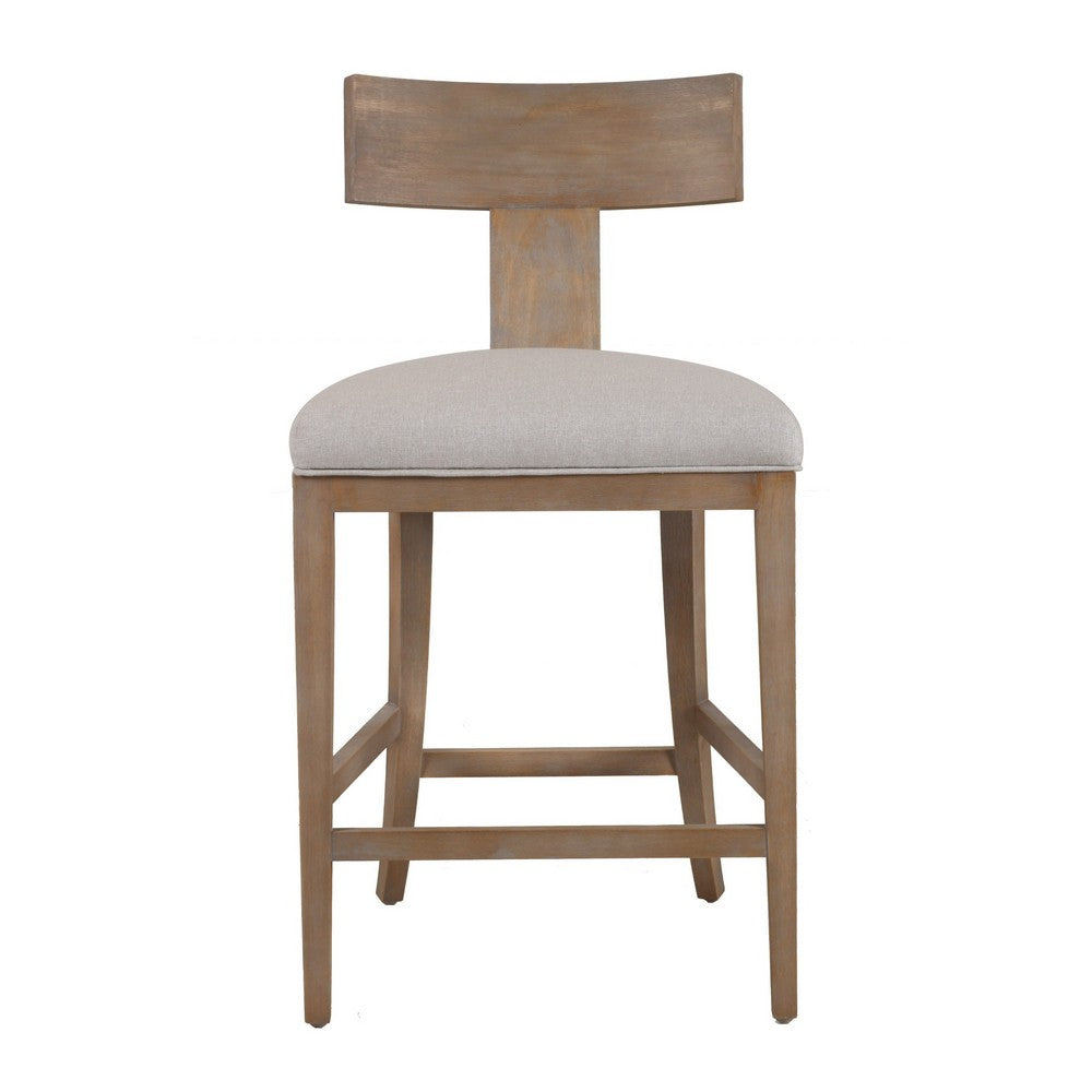 Benjara Cid Sten 27 Inch Counter Height Chair, T Shape Back, Beige Linen, Brown