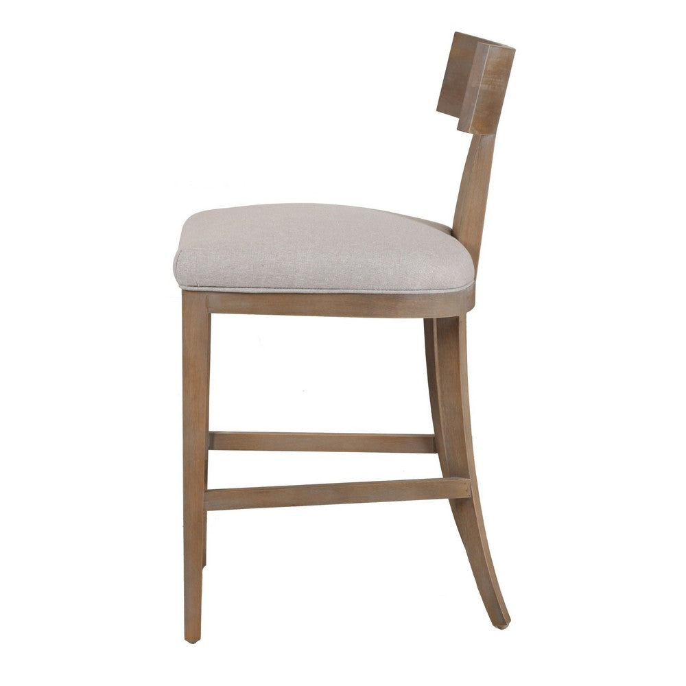 Benjara Cid Sten 27 Inch Counter Height Chair, T Shape Back, Beige Linen, Brown