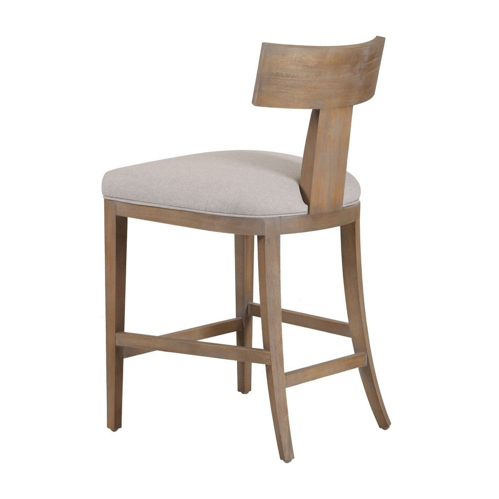 Benjara Cid Sten 27 Inch Counter Height Chair, T Shape Back, Beige Linen, Brown