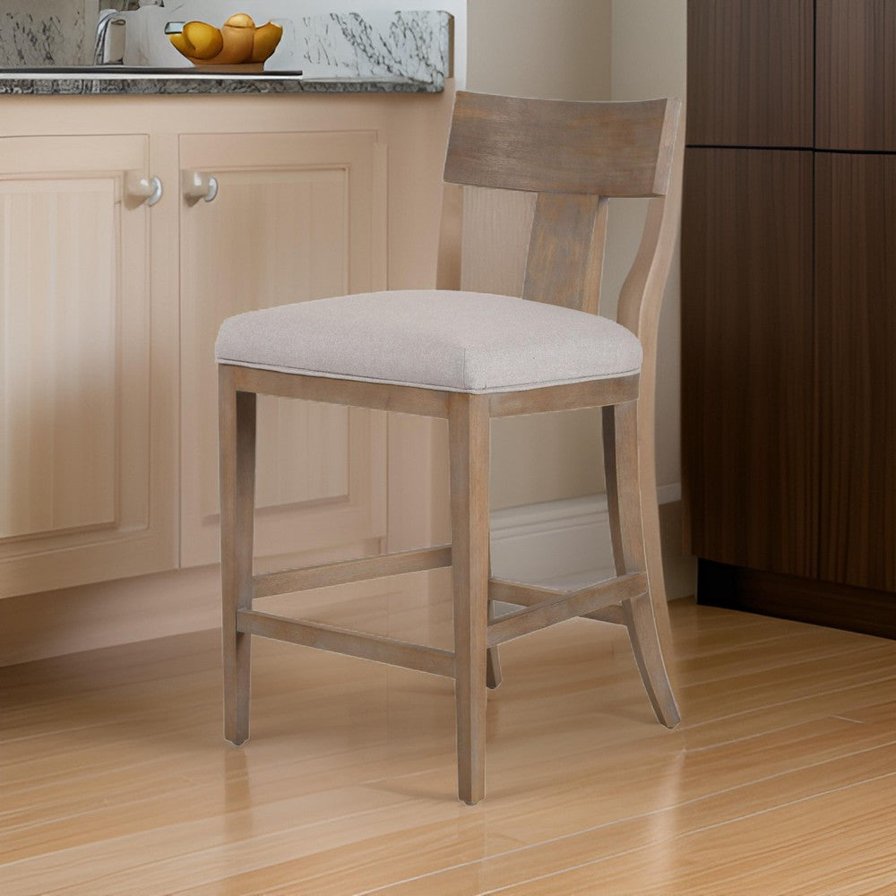 Benjara Cid Sten 27 Inch Counter Height Chair, T Shape Back, Beige Linen, Brown