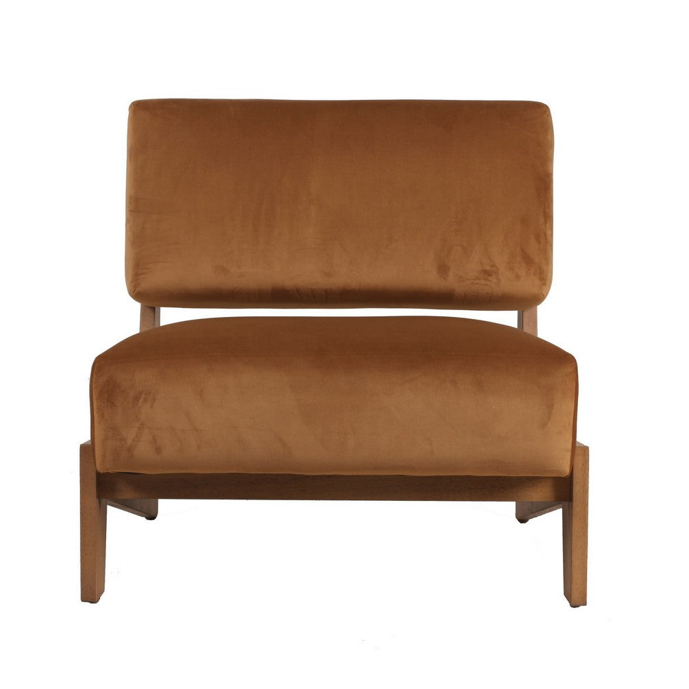 Benjara Cid Joy 30 Inch Accent Chair, Low Profile, Camel Brown Velvet, Wood Frame