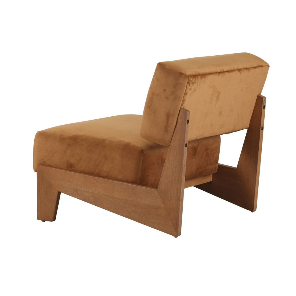 Benjara Cid Joy 30 Inch Accent Chair, Low Profile, Camel Brown Velvet, Wood Frame