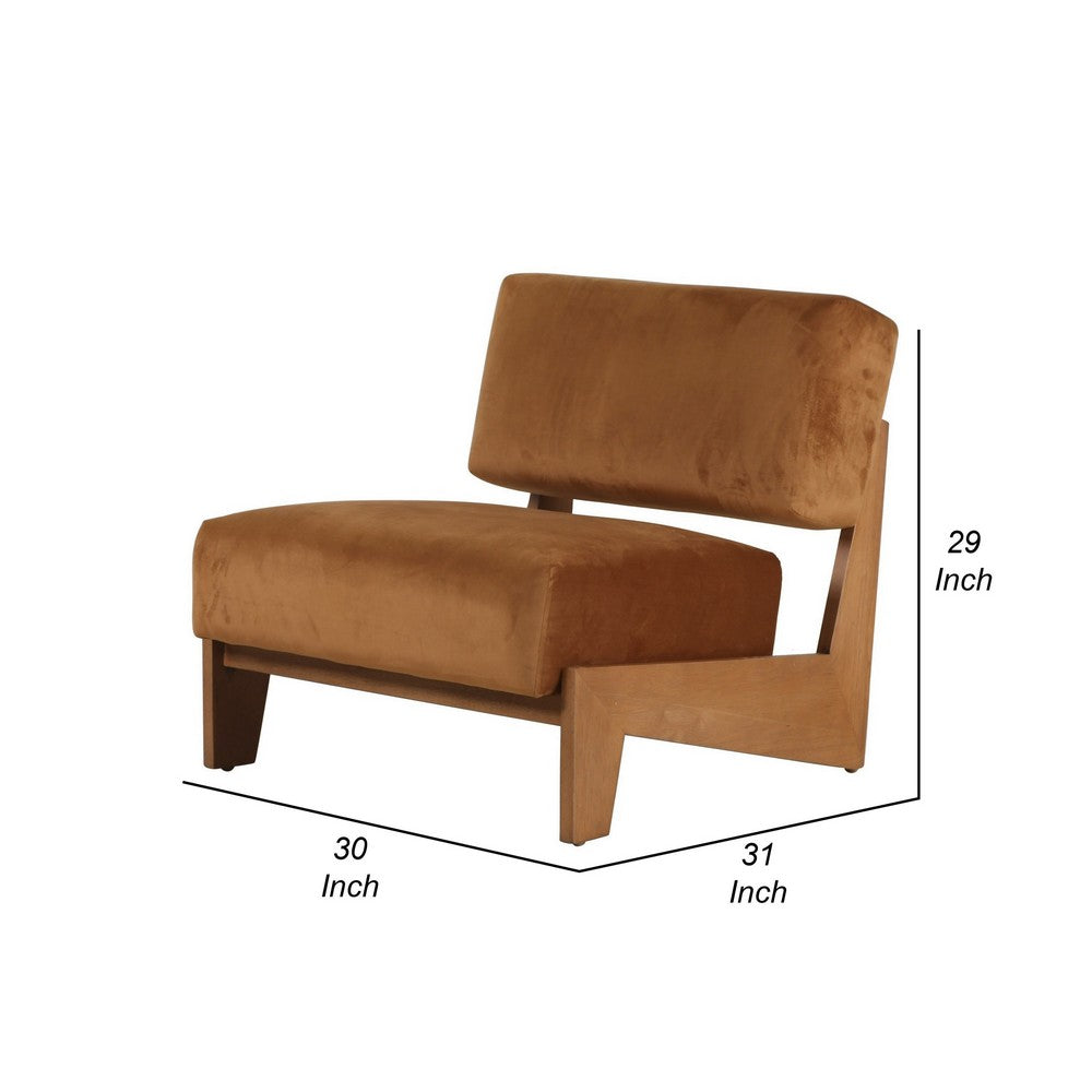 Benjara Cid Joy 30 Inch Accent Chair, Low Profile, Camel Brown Velvet, Wood Frame
