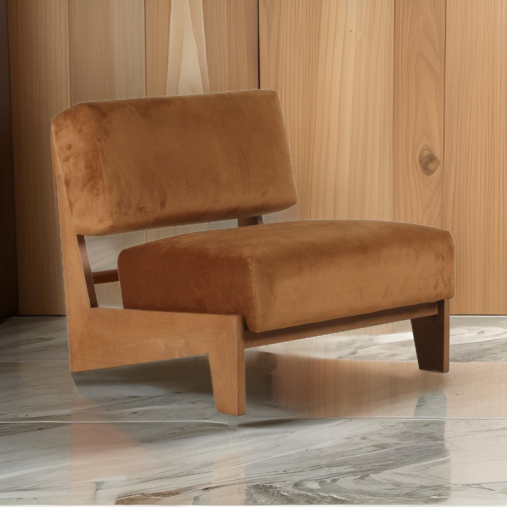Benjara Cid Joy 30 Inch Accent Chair, Low Profile, Camel Brown Velvet, Wood Frame