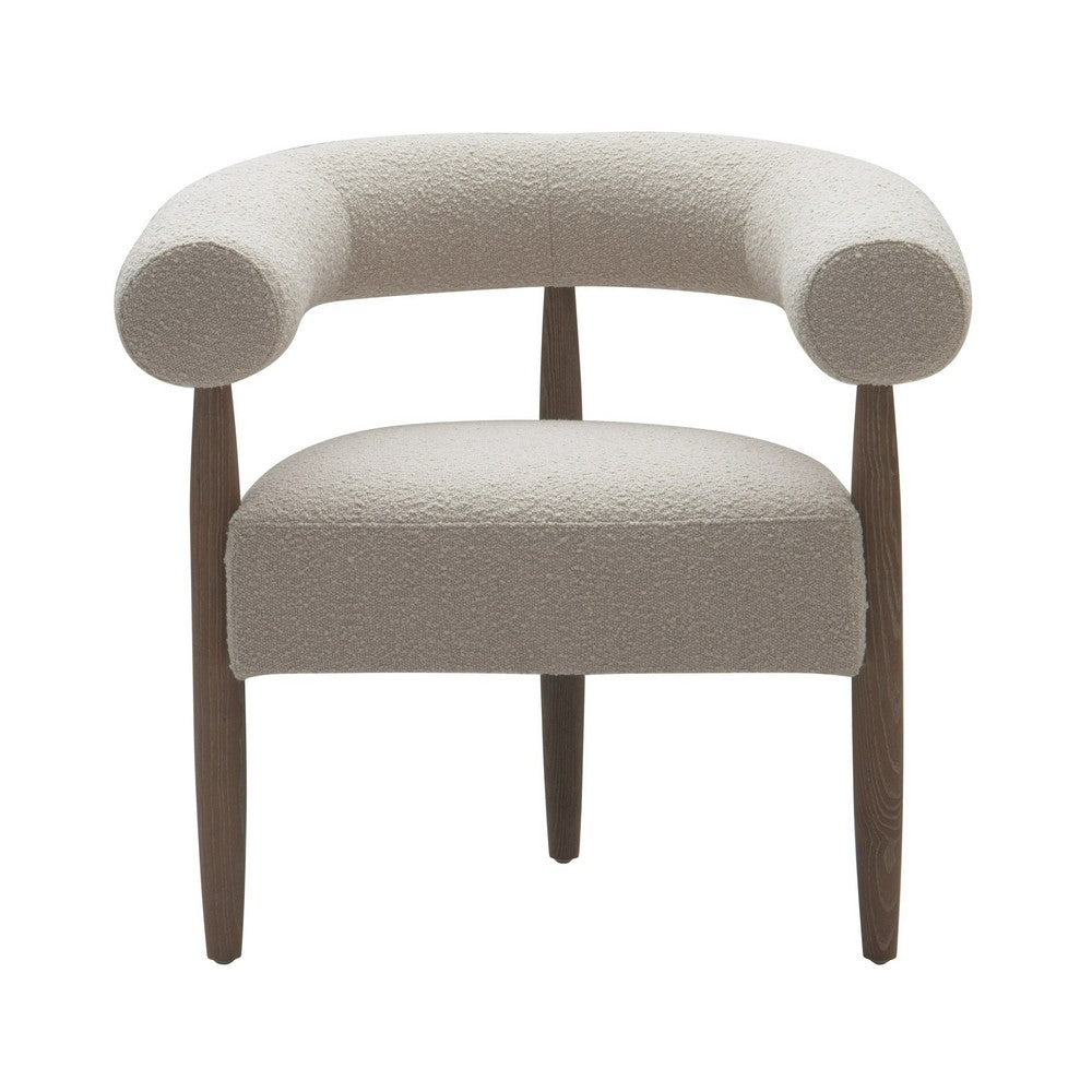 Benjara Cid Archie 32 Inch Accent Chair, Beige Fabric, Rounded Back, Solid Wood