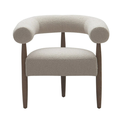 Benjara Cid Archie 32 Inch Accent Chair, Beige Fabric, Rounded Back, Solid Wood
