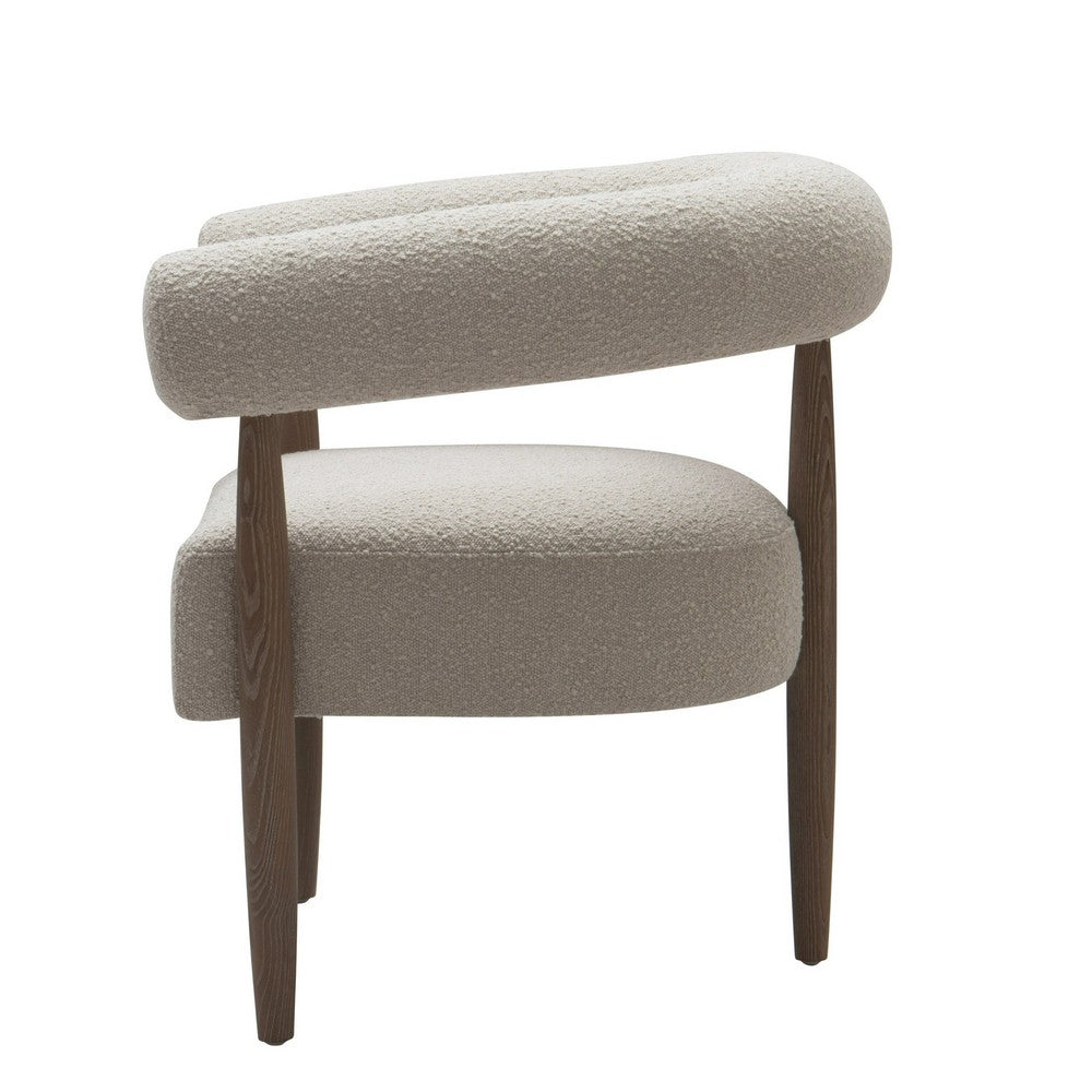 Benjara Cid Archie 32 Inch Accent Chair, Beige Fabric, Rounded Back, Solid Wood