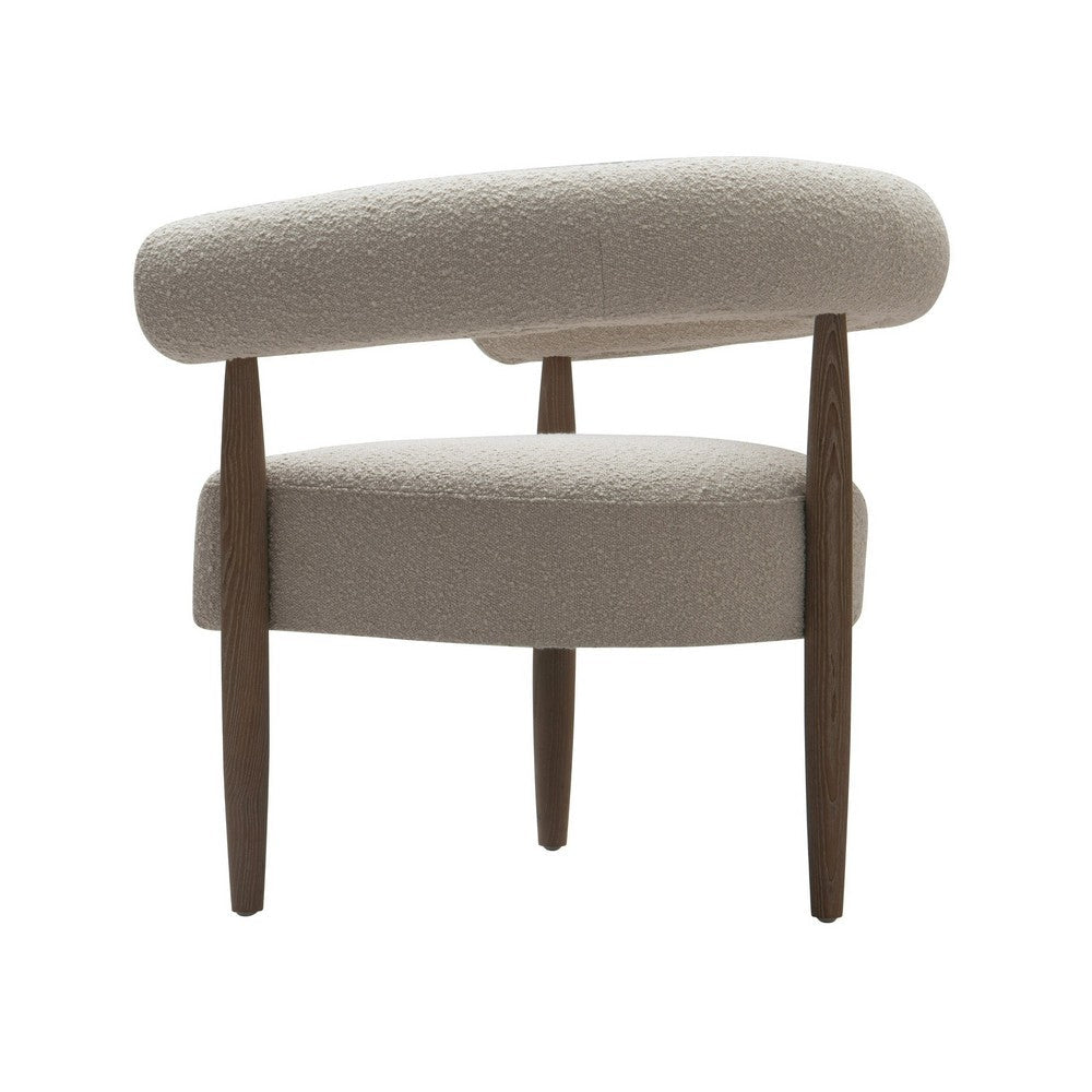Benjara Cid Archie 32 Inch Accent Chair, Beige Fabric, Rounded Back, Solid Wood