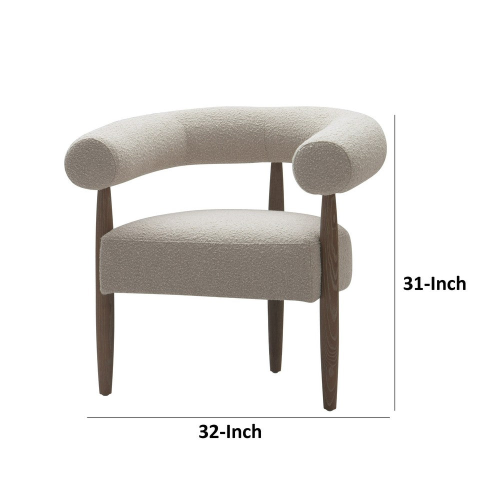 Benjara Cid Archie 32 Inch Accent Chair, Beige Fabric, Rounded Back, Solid Wood