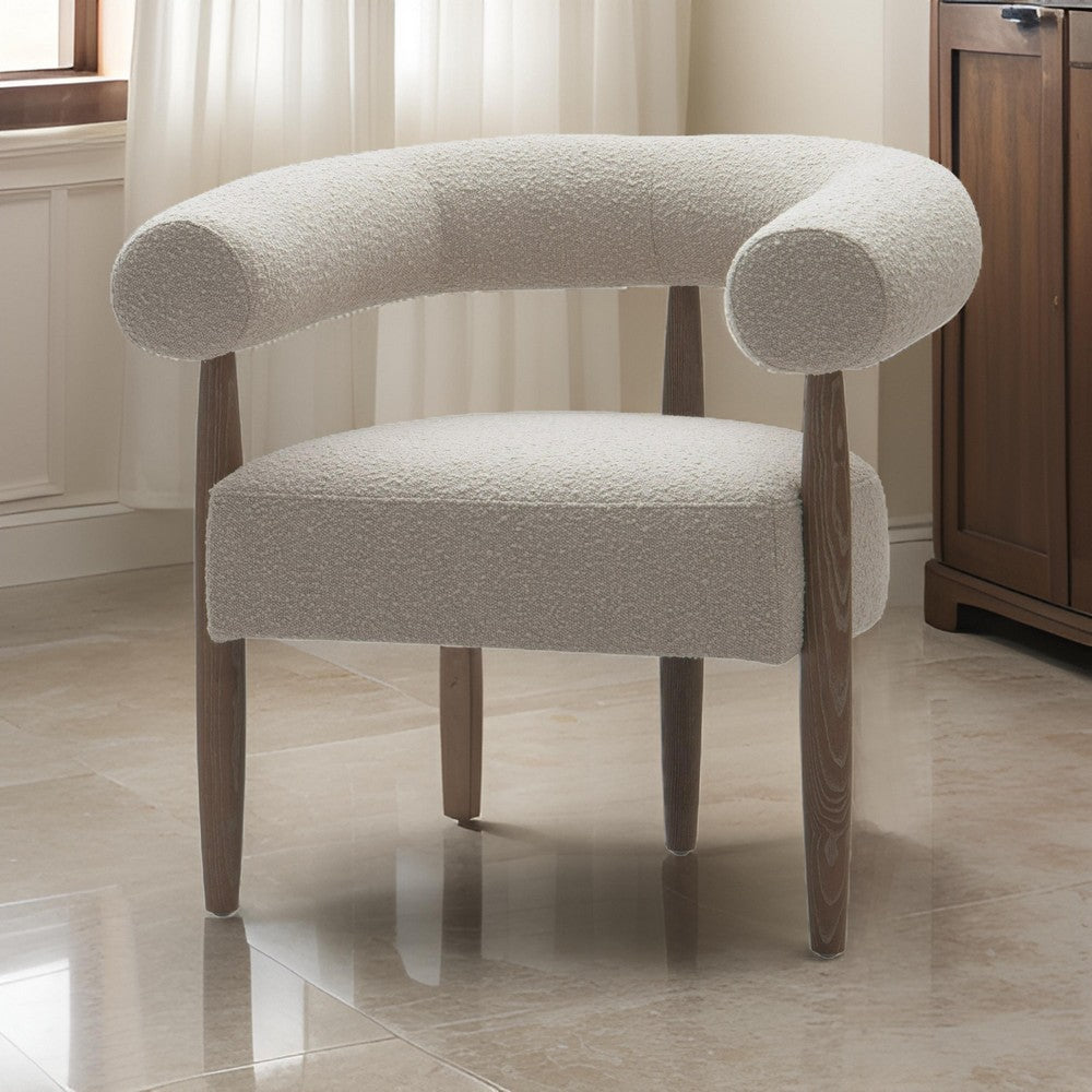 Benjara Cid Archie 32 Inch Accent Chair, Beige Fabric, Rounded Back, Solid Wood