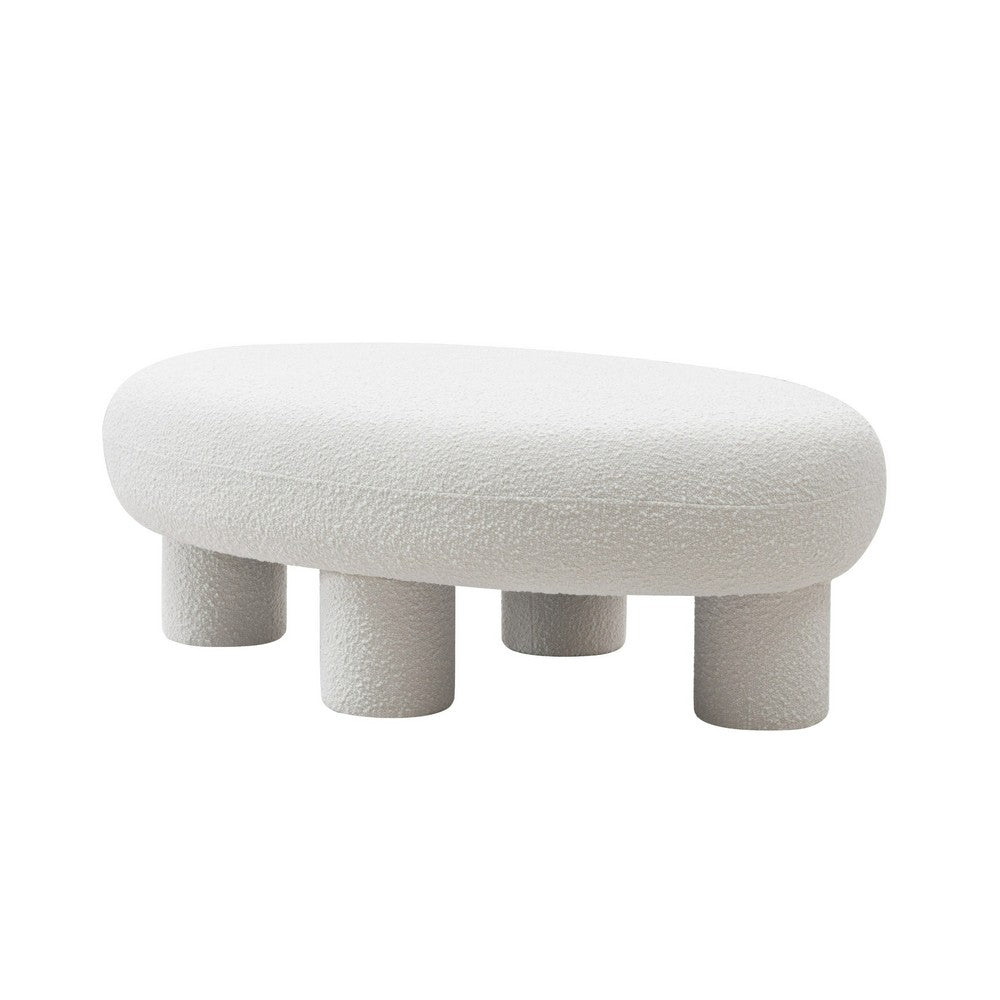 Benjara Cid 46 Inch Accent Bench Ottoman, White Polyester Oval Seat, Pine Wood Legs