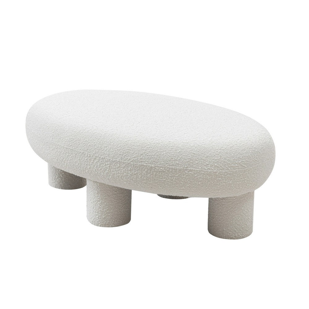 Benjara Cid 46 Inch Accent Bench Ottoman, White Polyester Oval Seat, Pine Wood Legs