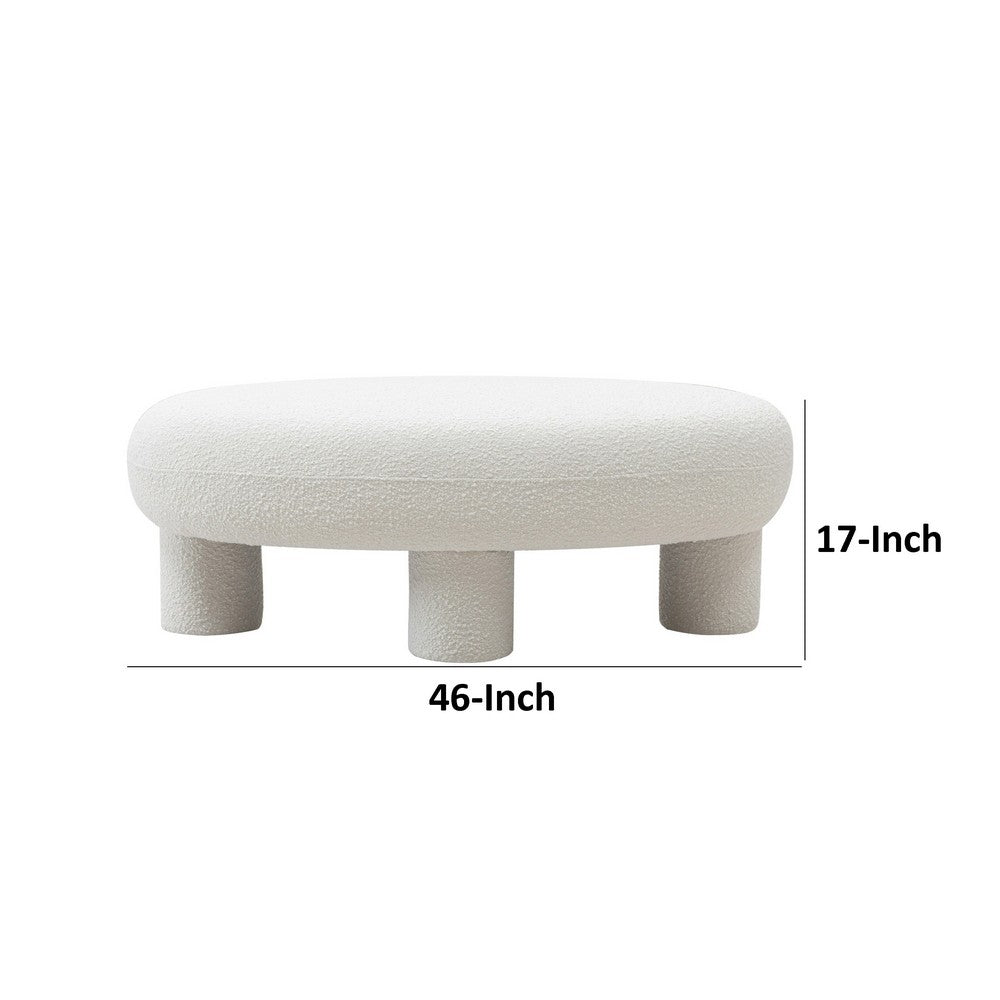 Benjara Cid 46 Inch Accent Bench Ottoman, White Polyester Oval Seat, Pine Wood Legs