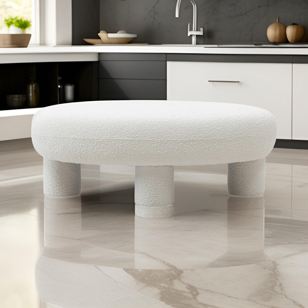 Benjara Cid 46 Inch Accent Bench Ottoman, White Polyester Oval Seat, Pine Wood Legs