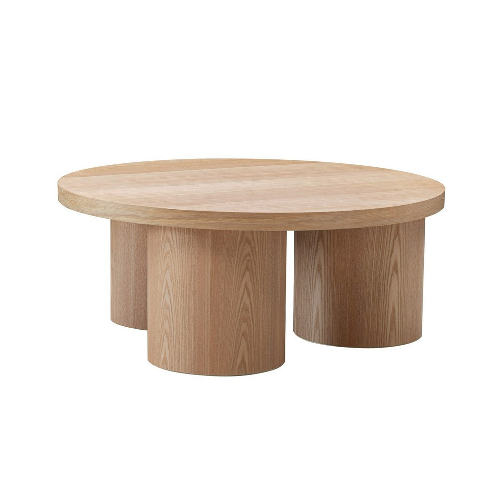 Benjara Cid Smith 36 Inch Coffee Table, Round Top And Legs, Solid Oak Wood, Natural