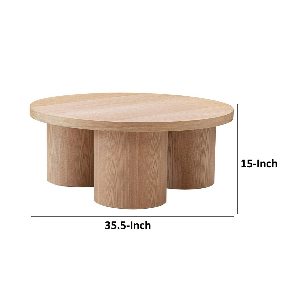 Benjara Cid Smith 36 Inch Coffee Table, Round Top And Legs, Solid Oak Wood, Natural