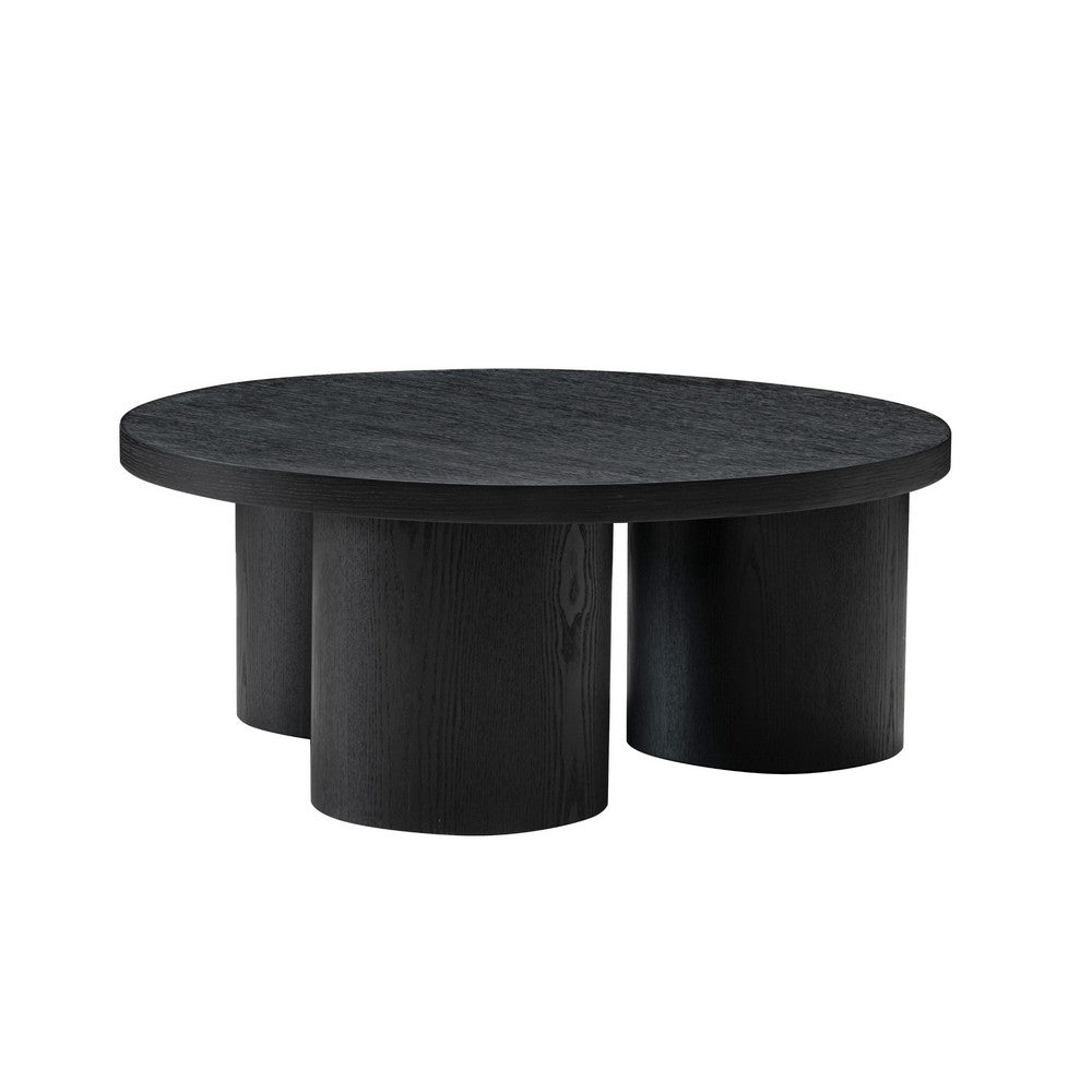 Benjara Cid Smith 36 Inch Coffee Table, Round Top And Legs, Black Solid Oak Wood