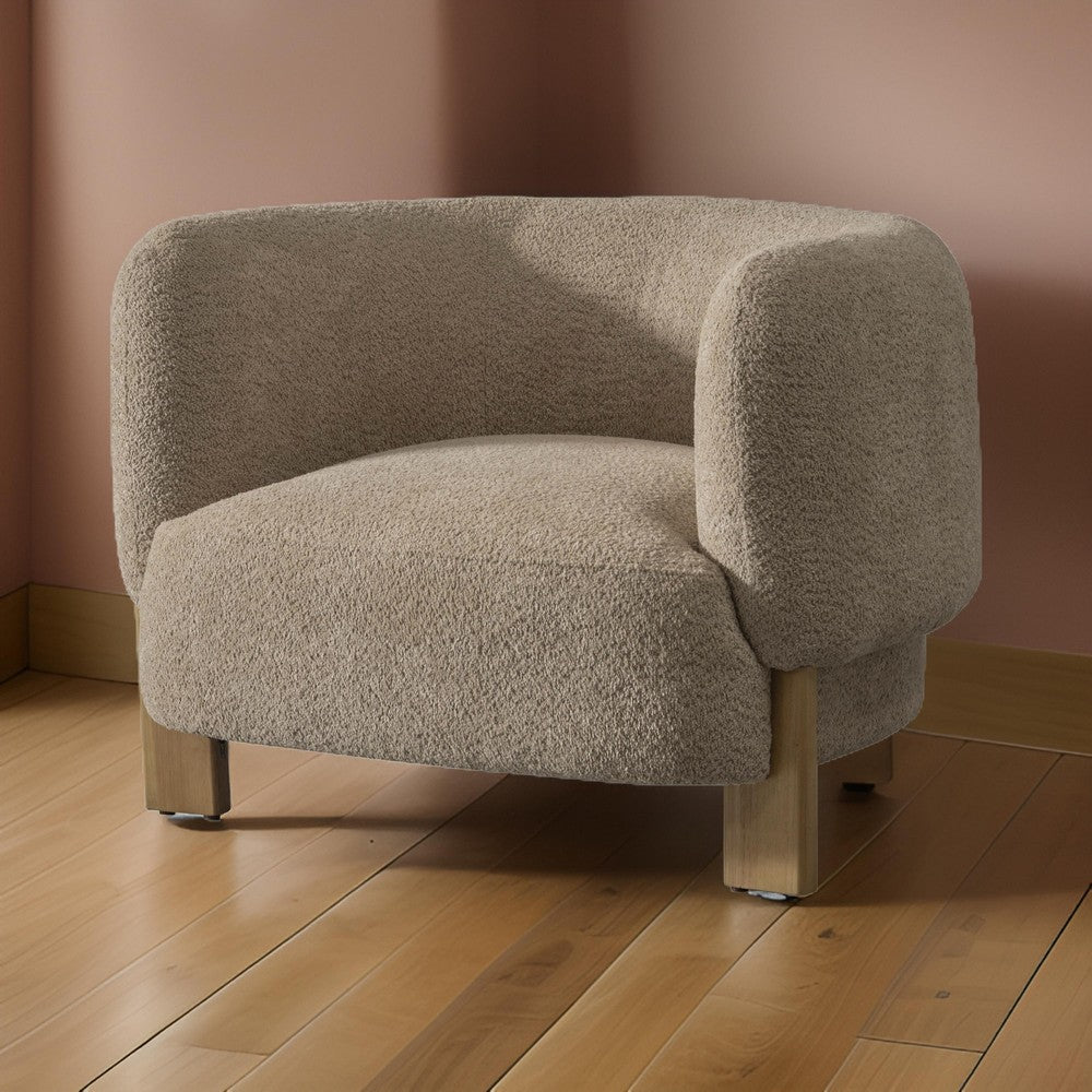 Benjara Reno Tira 38 Inch Accent Chair, Taupe Polyester, Foam Cushions, Solid Wood