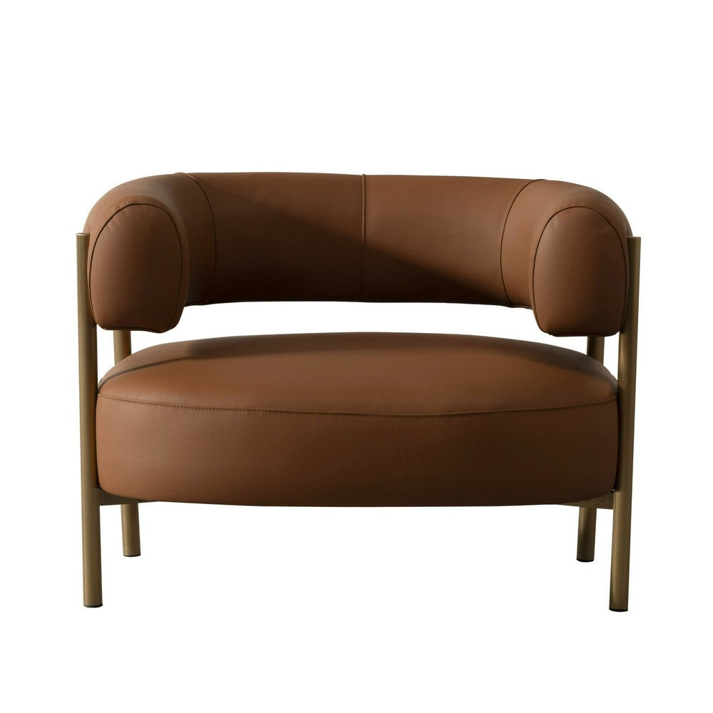 Benjara Cid Ziva Curved Accent Chair, Brown Top Grain Genuine Leather, Metal, Wood