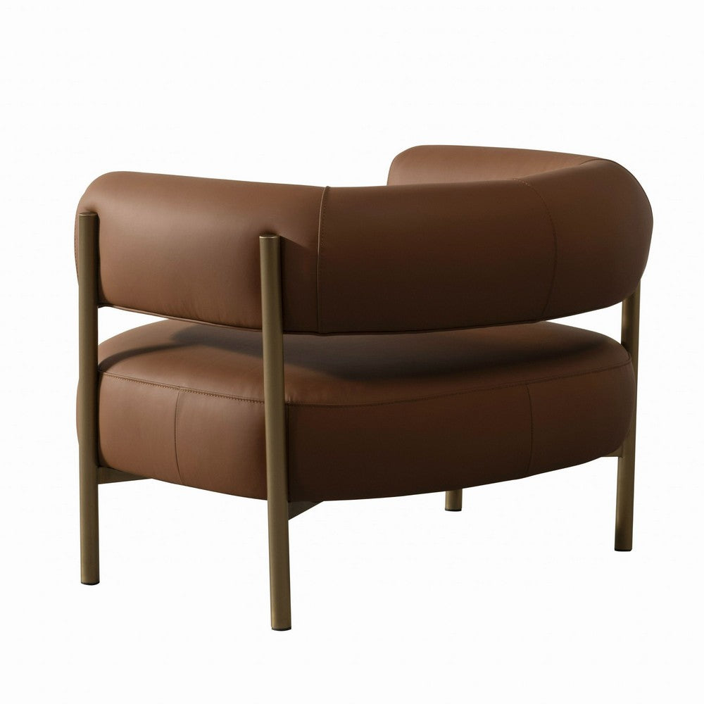 Benjara Cid Ziva Curved Accent Chair, Brown Top Grain Genuine Leather, Metal, Wood