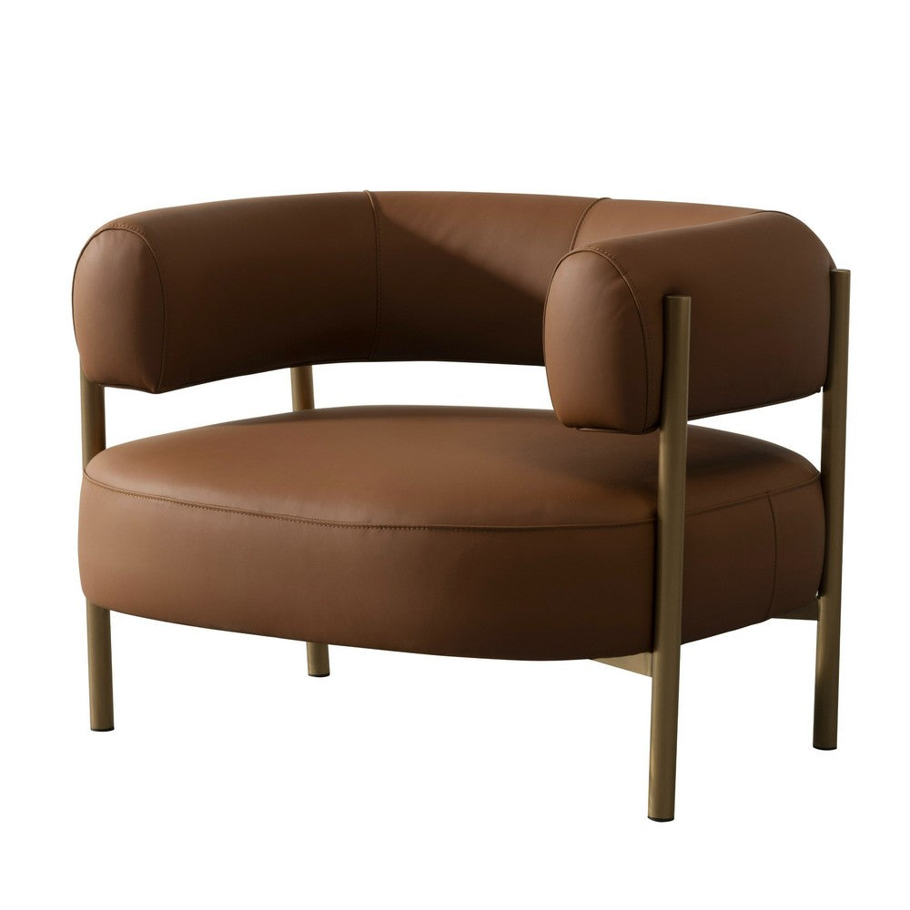 Benjara Cid Ziva Curved Accent Chair, Brown Top Grain Genuine Leather, Metal, Wood