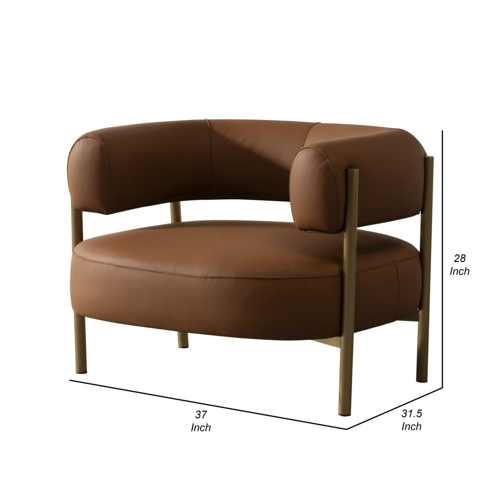 Benjara Cid Ziva Curved Accent Chair, Brown Top Grain Genuine Leather, Metal, Wood