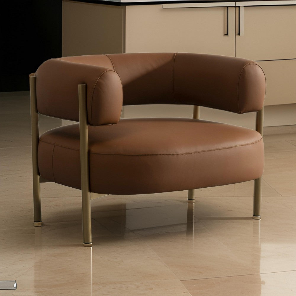 Benjara Cid Ziva Curved Accent Chair, Brown Top Grain Genuine Leather, Metal, Wood