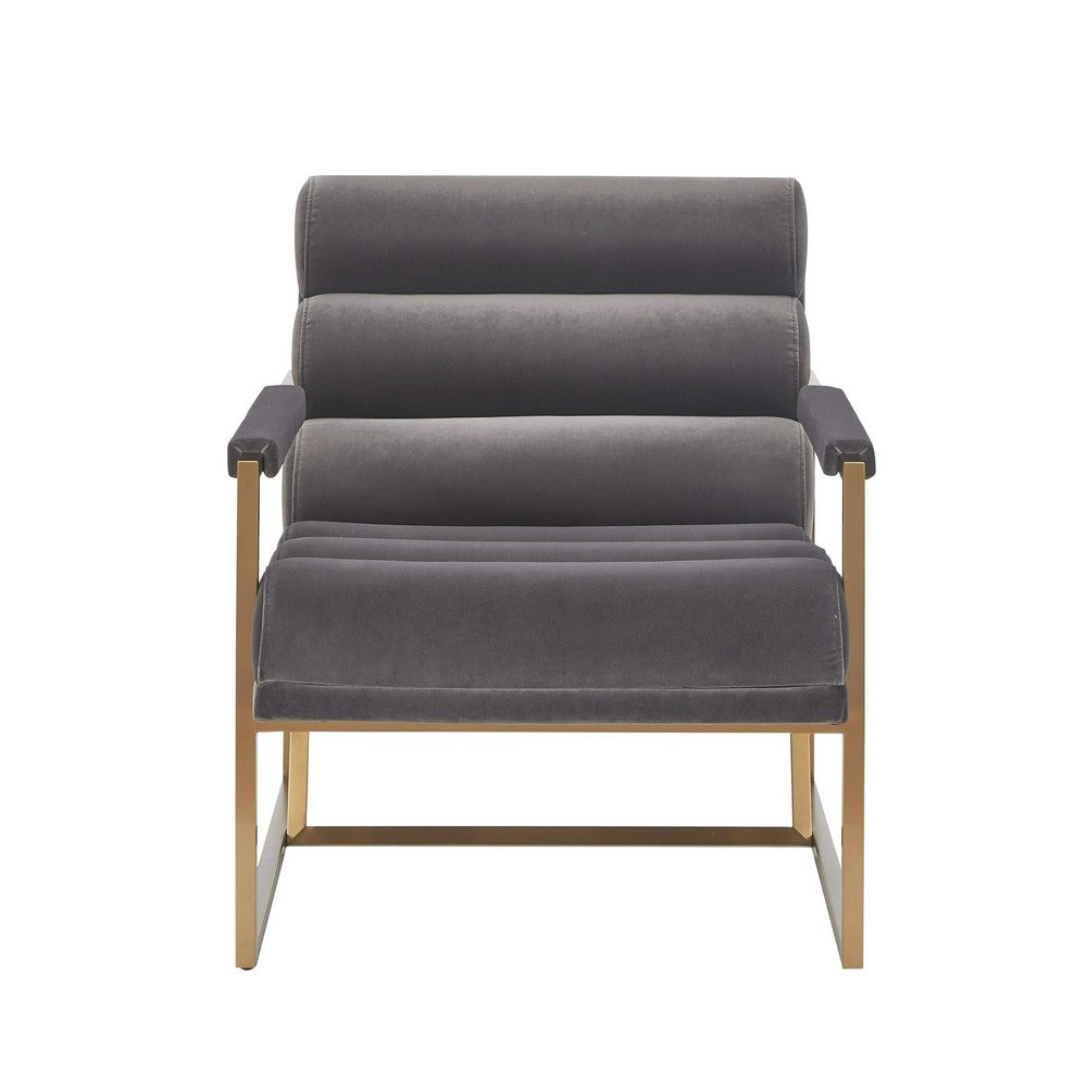 Benjara Cid Dave 27 Inch Accent Chair, Tufted Gray Velvet, Square Steel Legs, Brass