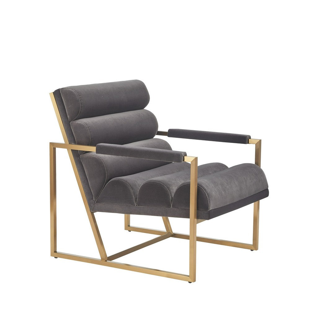Benjara Cid Dave 27 Inch Accent Chair, Tufted Gray Velvet, Square Steel Legs, Brass