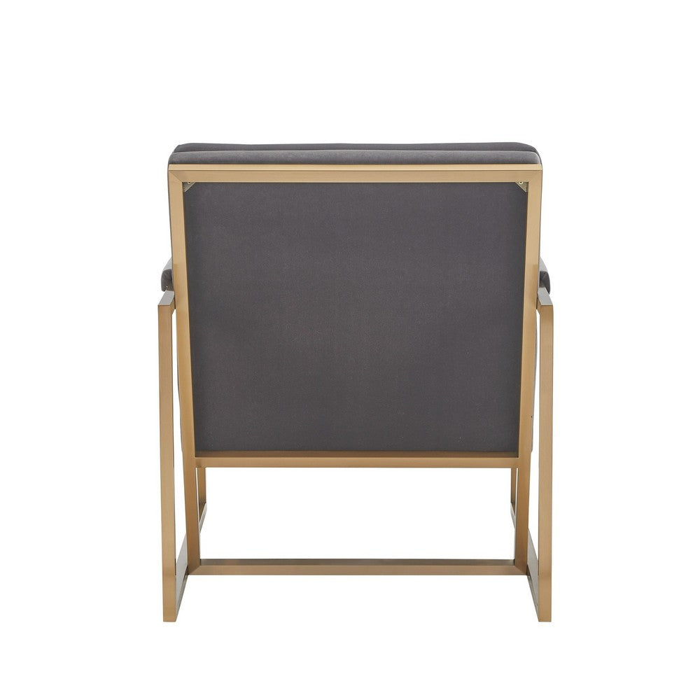 Benjara Cid Dave 27 Inch Accent Chair, Tufted Gray Velvet, Square Steel Legs, Brass