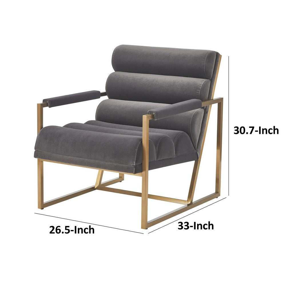 Benjara Cid Dave 27 Inch Accent Chair, Tufted Gray Velvet, Square Steel Legs, Brass