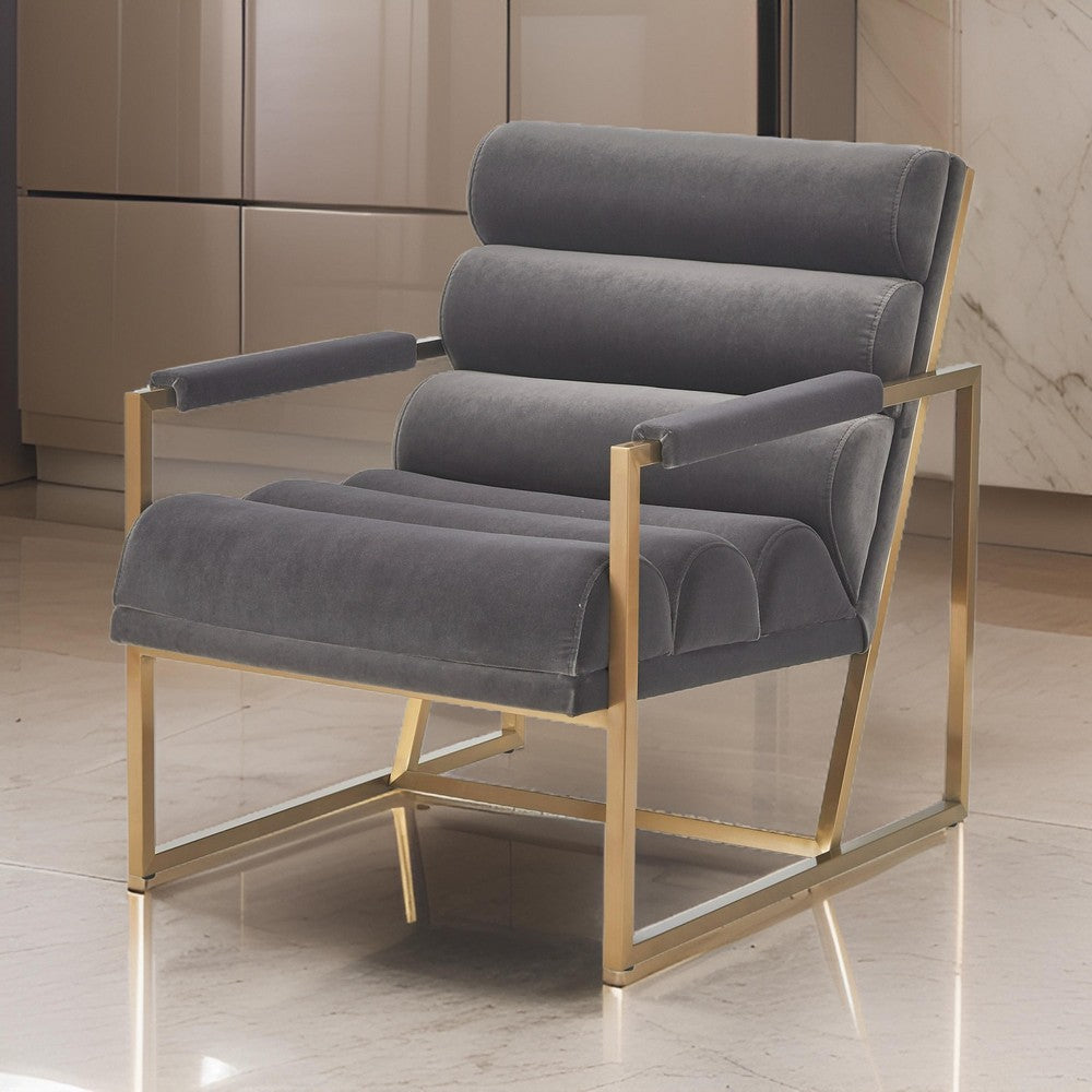 Benjara Cid Dave 27 Inch Accent Chair, Tufted Gray Velvet, Square Steel Legs, Brass