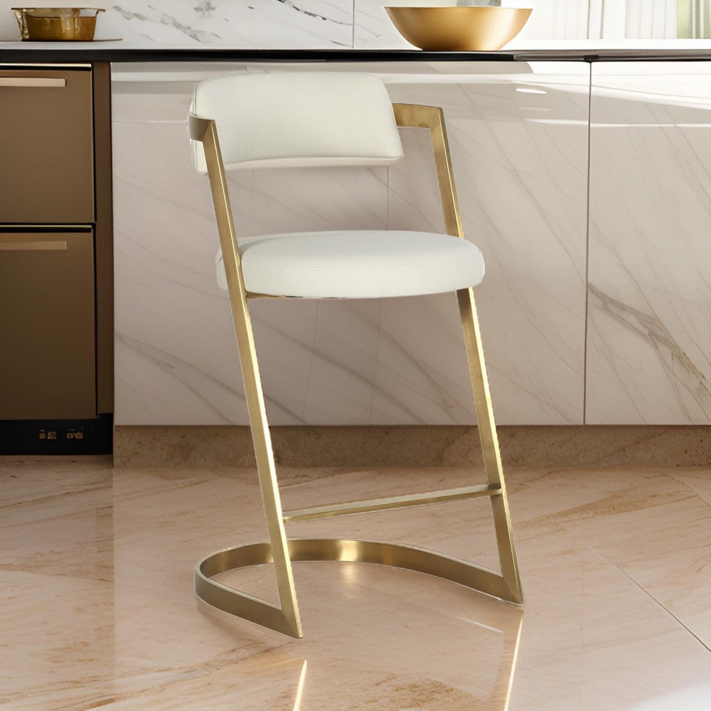 Benjara Cid Sandra Counter Height Stool Chair, Beige Pleather, Gold Steel Frame
