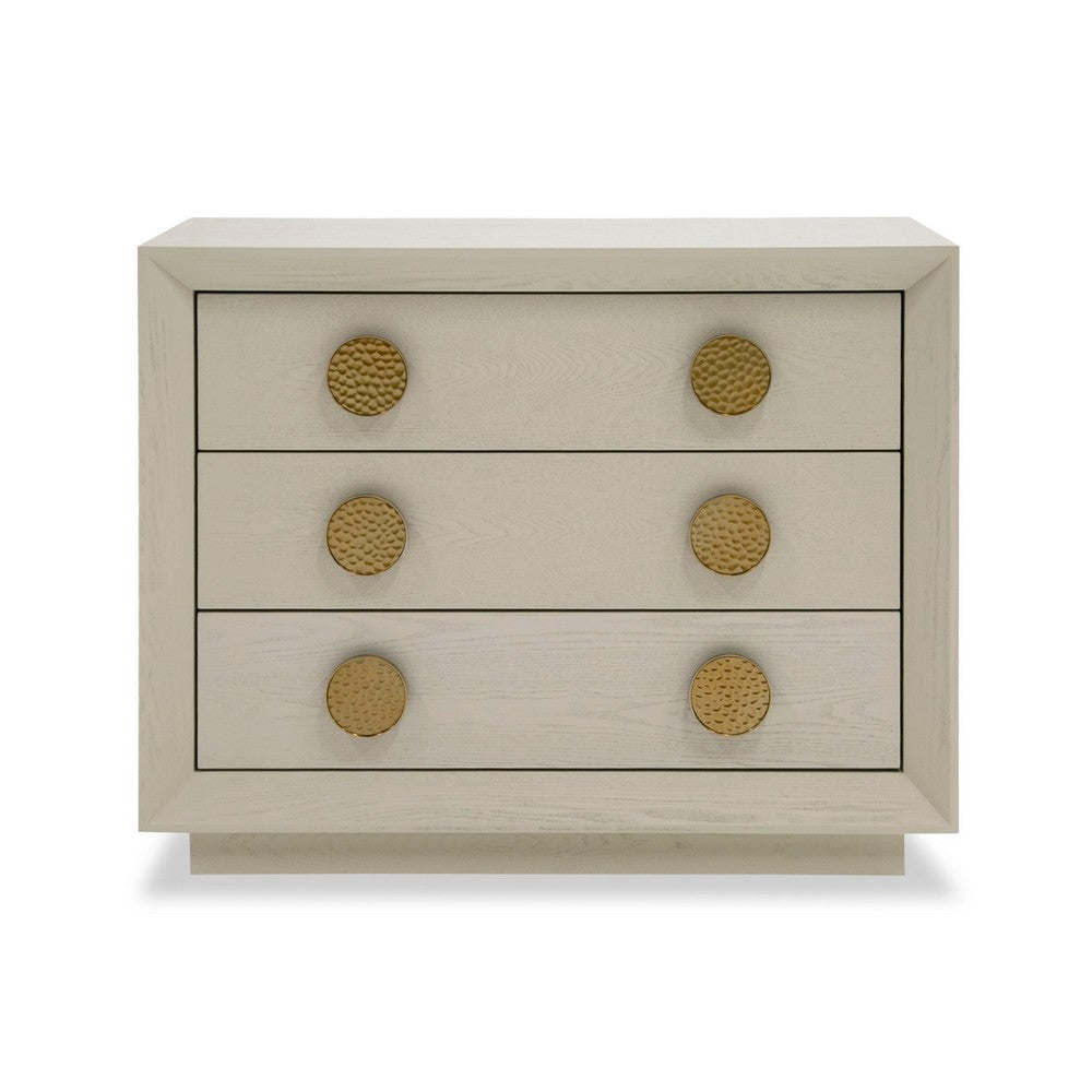 Benjara Cid Jorie 39 Inch Nightstand, 3 Drawers, Cream White Wood, Steel Handles