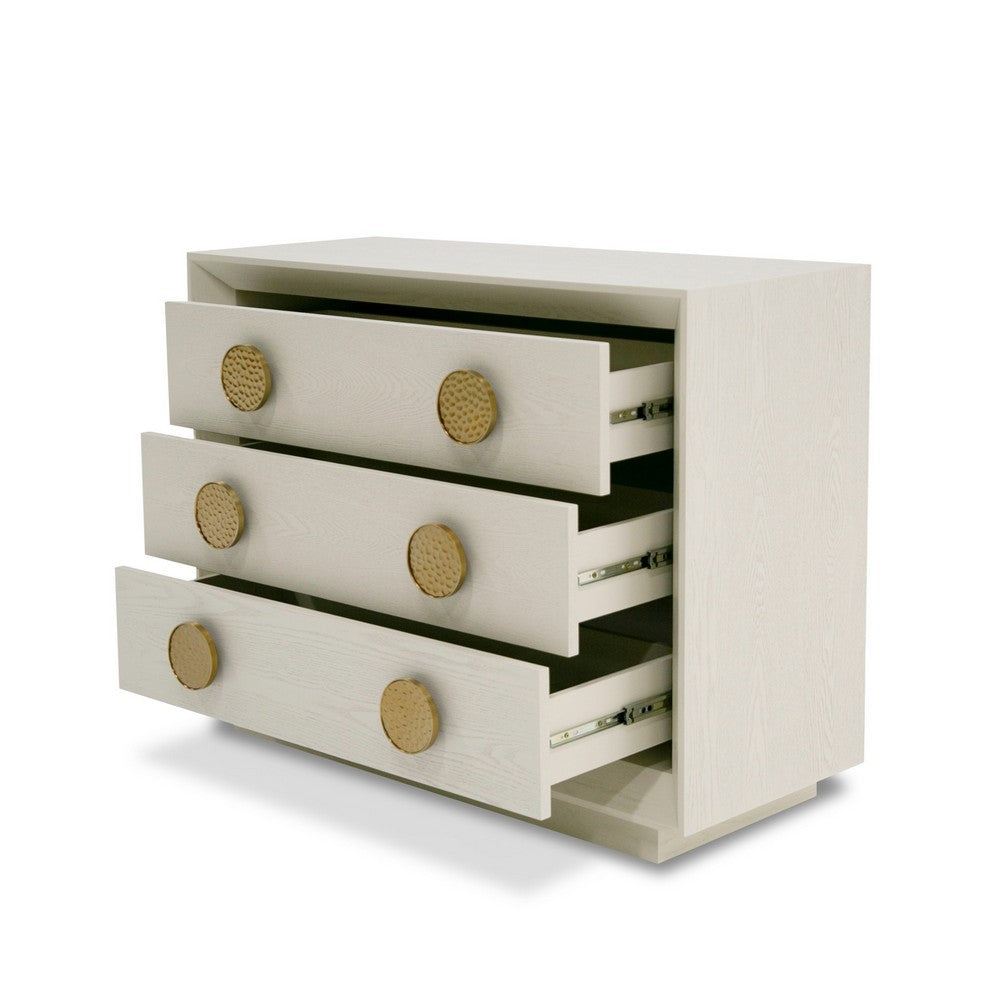 Benjara Cid Jorie 39 Inch Nightstand, 3 Drawers, Cream White Wood, Steel Handles