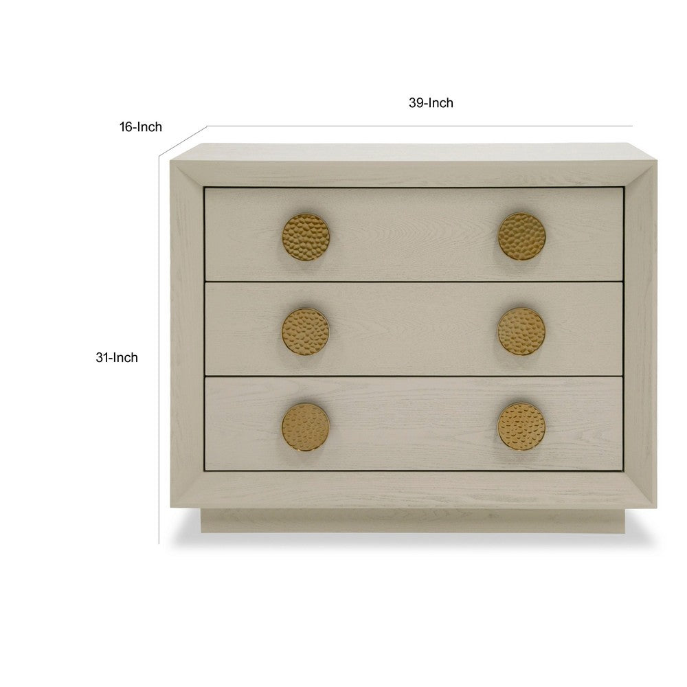 Benjara Cid Jorie 39 Inch Nightstand, 3 Drawers, Cream White Wood, Steel Handles