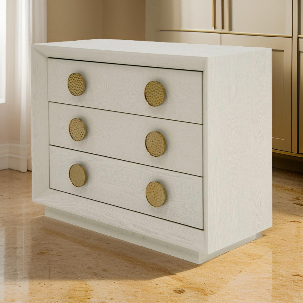 Benjara Cid Jorie 39 Inch Nightstand, 3 Drawers, Cream White Wood, Steel Handles