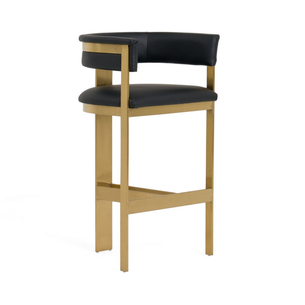 Benjara Cid Willow Barstool Chair, Black Faux Leather, Gold Metal Three Leg Base