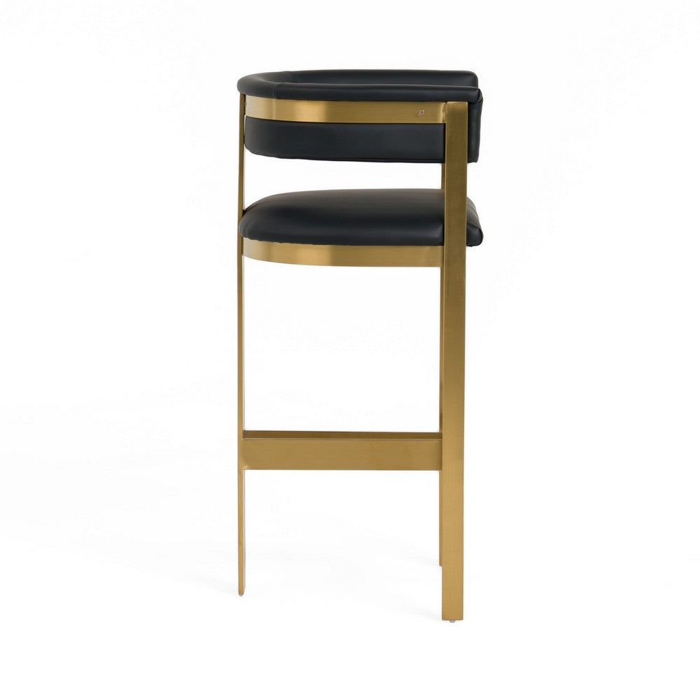 Benjara Cid Willow Barstool Chair, Black Faux Leather, Gold Metal Three Leg Base