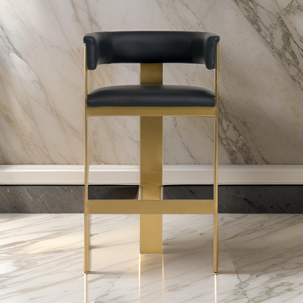 Benjara Cid Willow Barstool Chair, Black Faux Leather, Gold Metal Three Leg Base
