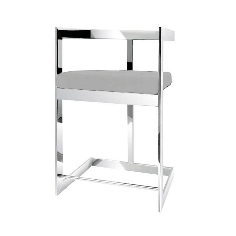 Benjara Gei 26 Inch Counter Stool Chair, Low Back, Gray Velvet, Cantilever Chrome
