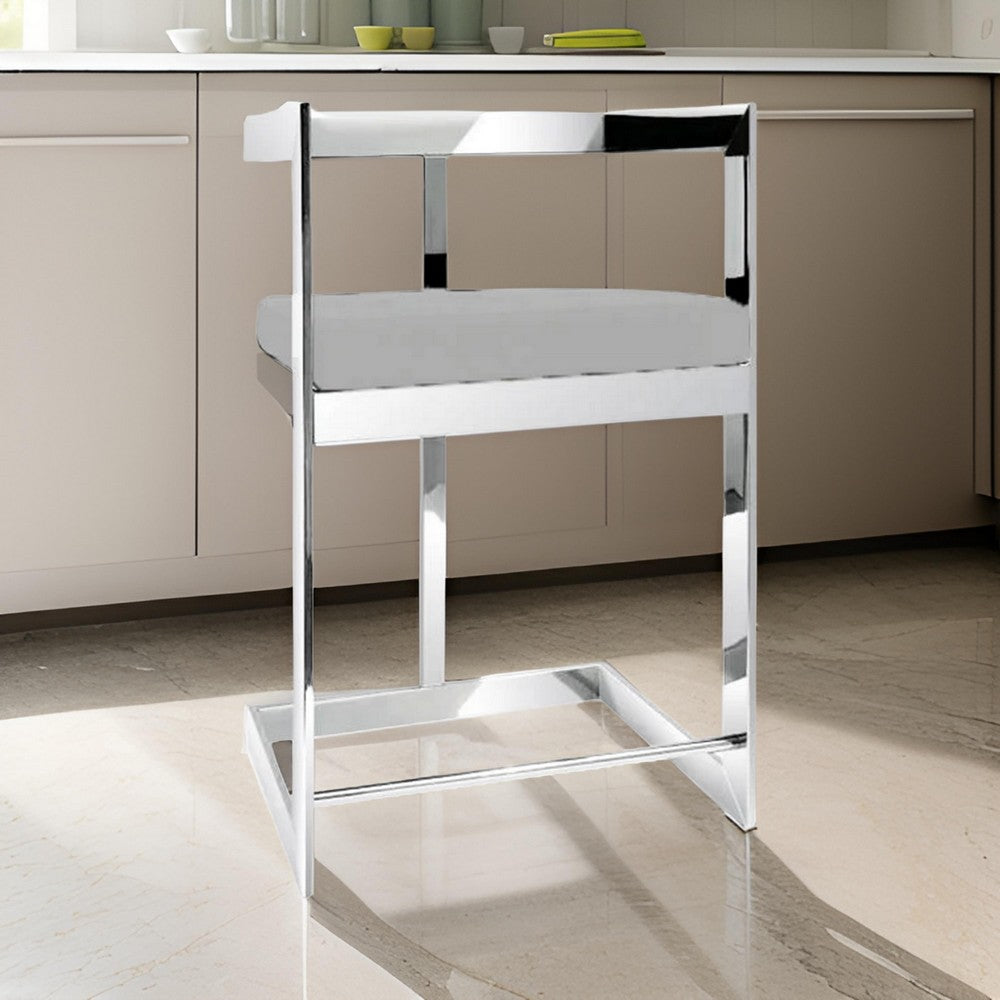 Benjara Gei 26 Inch Counter Stool Chair, Low Back, Gray Velvet, Cantilever Chrome