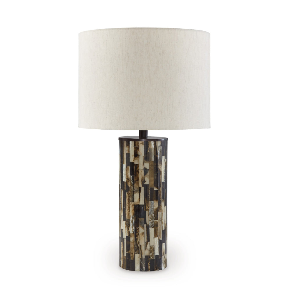 Benjara Foer 27 Inch Table Lamp, Cream Drum Fabric Shade, Black Brown Resin Base